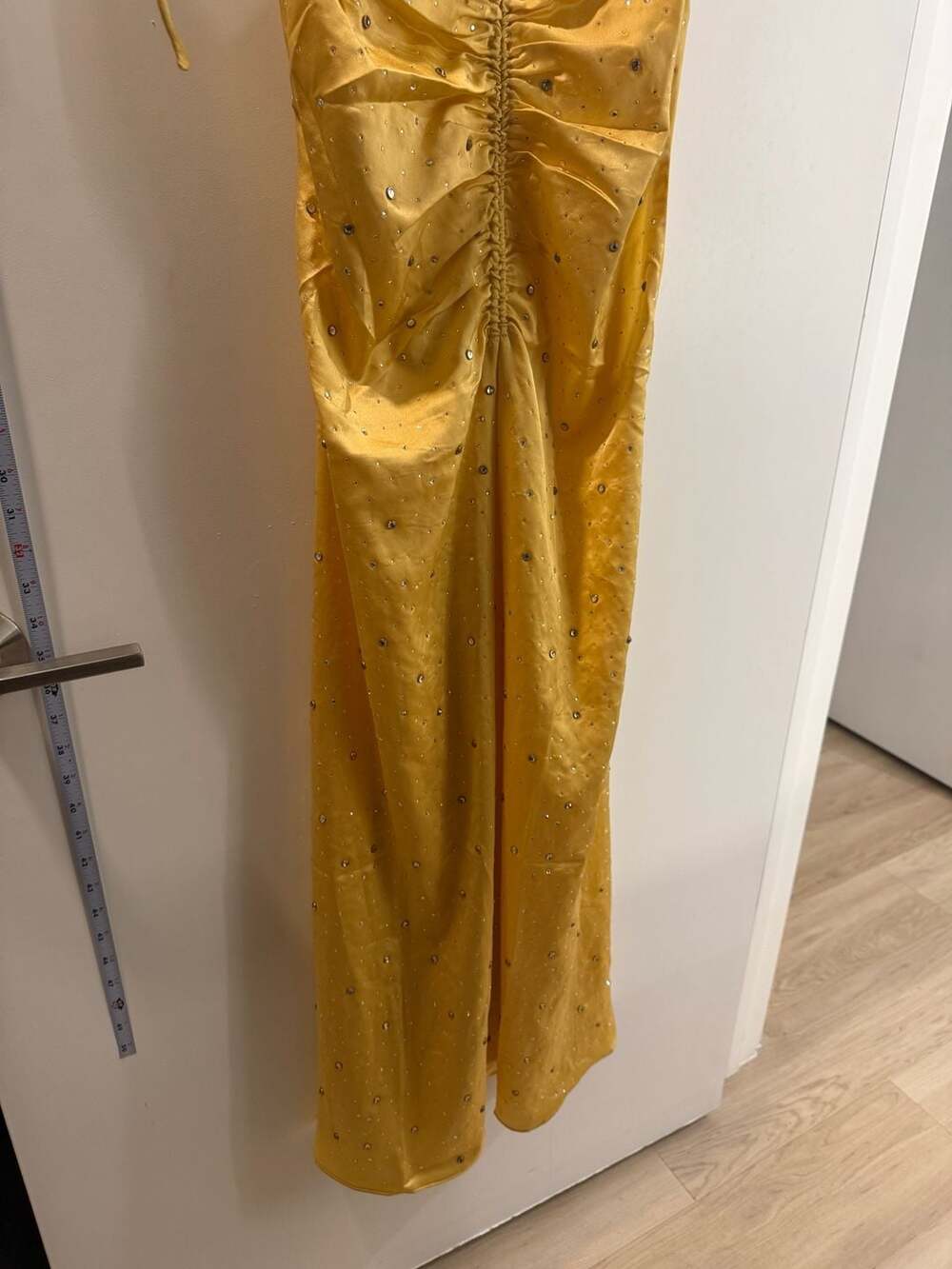 Sandro Yellow Rhinestone Embellished Ruched Midi Dress Size L - Picture 3 of 6